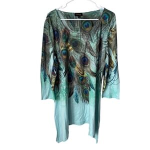Cal Style USA Peacock Feather Rhinestone Tunic Top Mint Green Ombre XL Womens